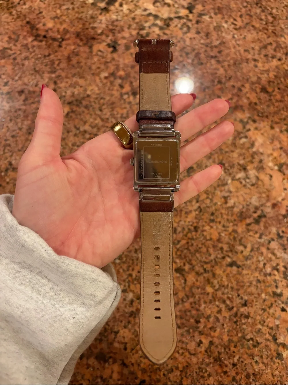 Michael Kors Brown Leather Strap Silver-Tone Square Watch